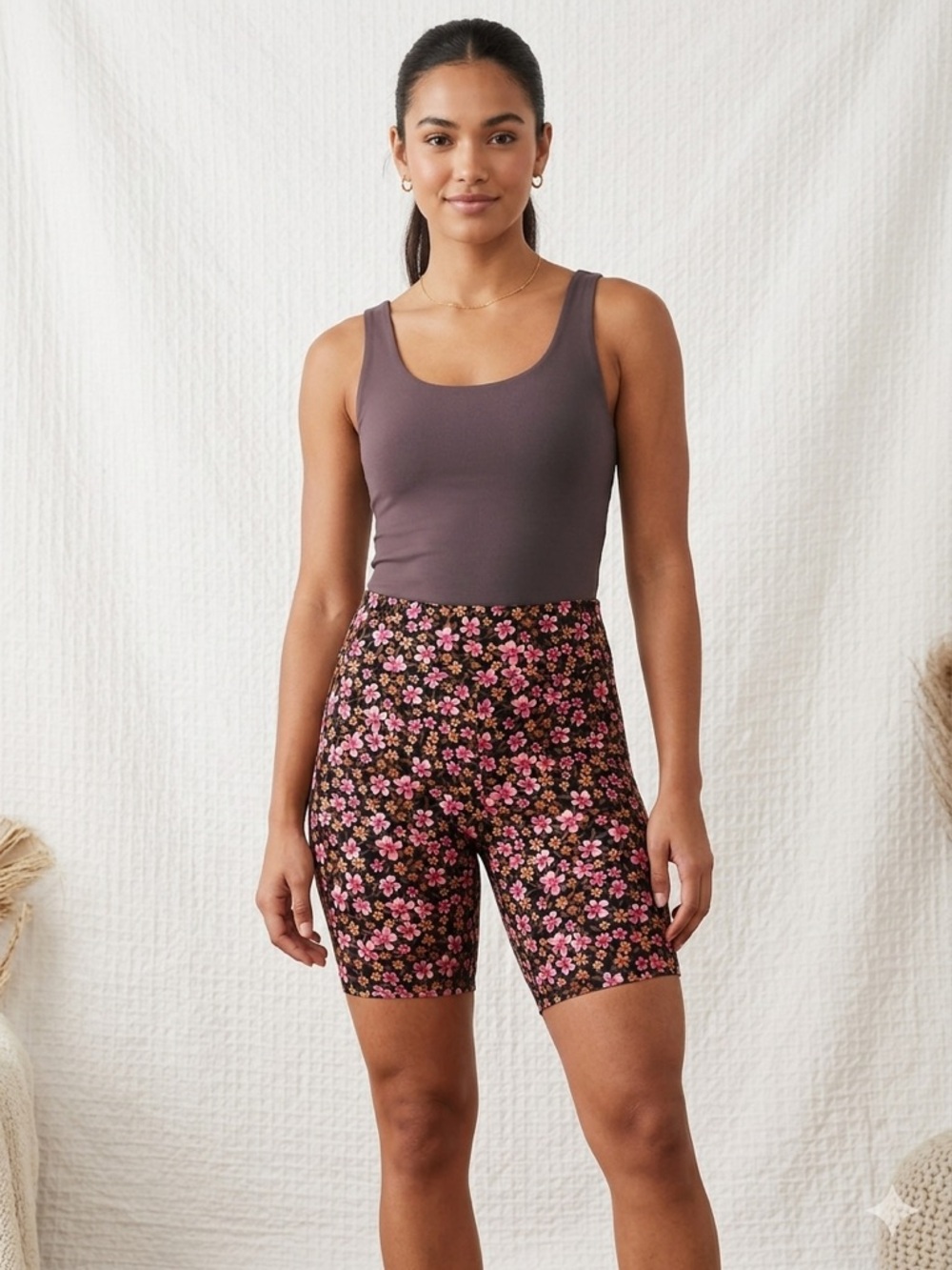 Wild Fable Floral Bike Shorts Women’s Large Pink Brown Stretch High Waist Summer